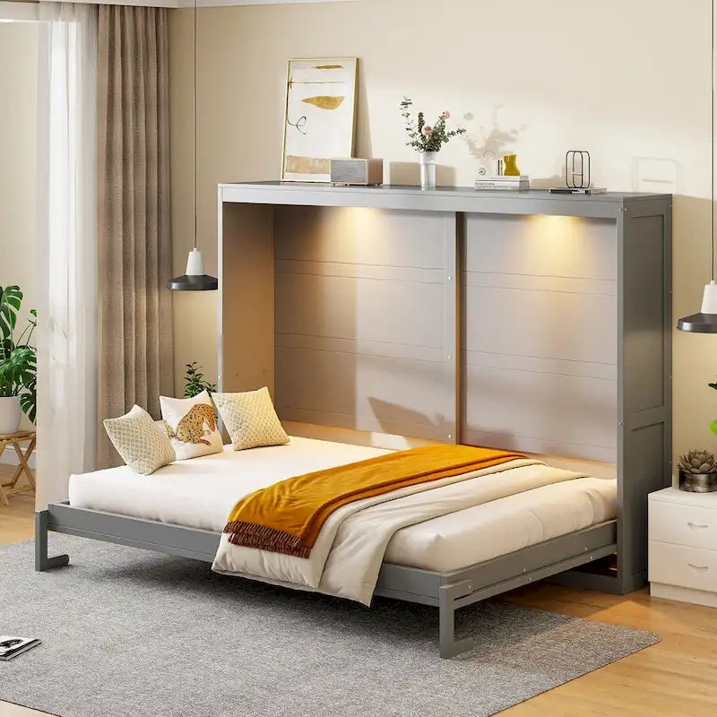 Queen Murphy Bed - Dual-Piston - White/Gray - 600lb Capacity - No Box Spring