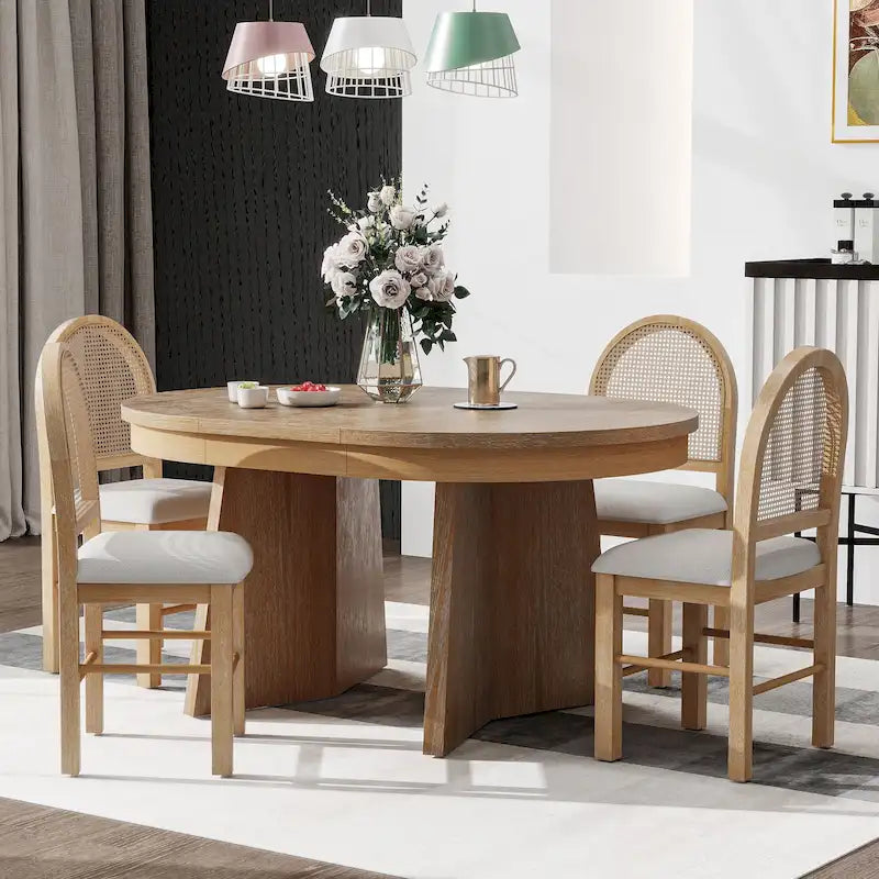 Oak Veneer Extendable Dining Set - Round to Oval - 5 Pieces for 4