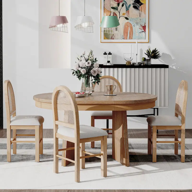 Oak Veneer Extendable Dining Set - Round to Oval - 5 Pieces for 4