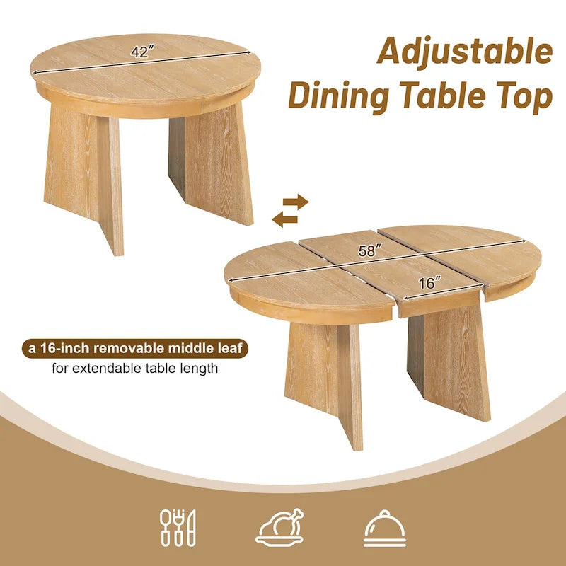 Oak Veneer Extendable Dining Set - Round to Oval - 5 Pieces for 4