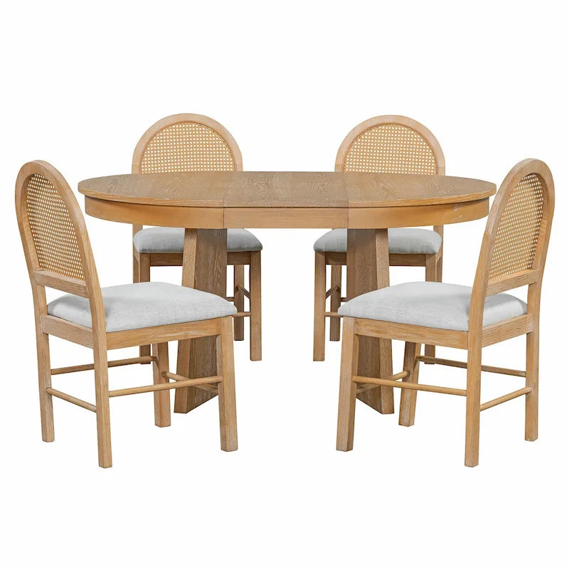 Oak Veneer Extendable Dining Set - Round to Oval - 5 Pieces for 4