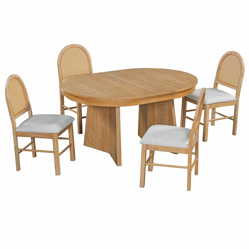 Oak Veneer Extendable Dining Set - Round to Oval - 5 Pieces for 4