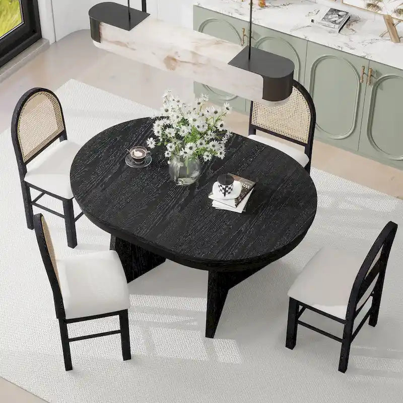 Oak Veneer Extendable Dining Set - Round to Oval - 5 Pieces for 4