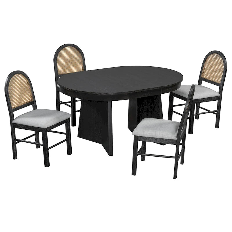 Oak Veneer Extendable Dining Set - Round to Oval - 5 Pieces for 4