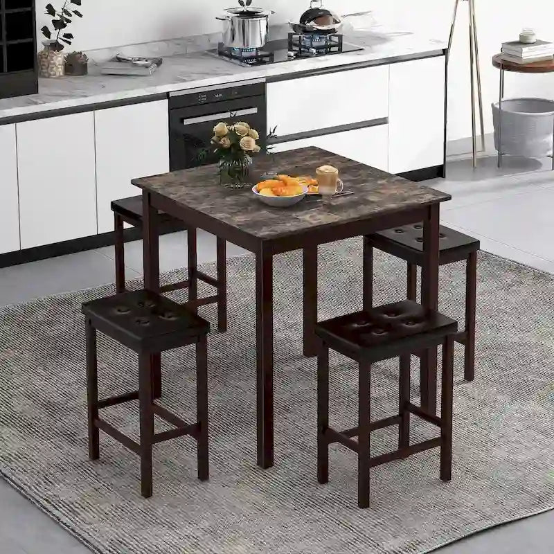 Costway 5 PCS Bar Table Set Square Dining Table & 4 PVC Leather