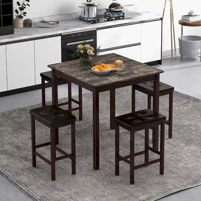 Costway 5 PCS Bar Table Set Square Dining Table & 4 PVC Leather