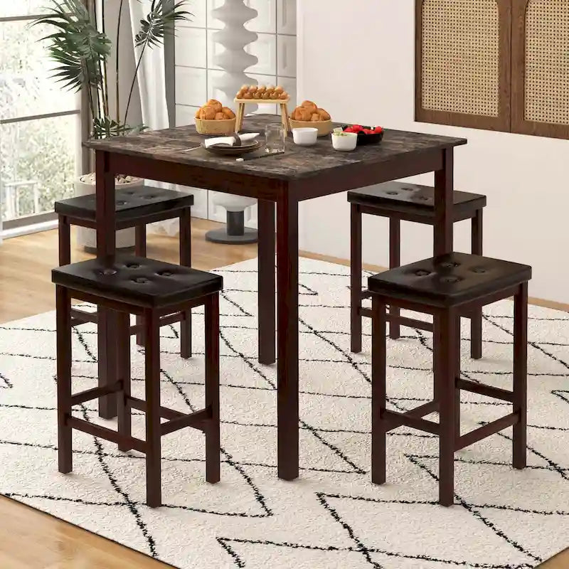 Costway 5 PCS Bar Table Set Square Dining Table & 4 PVC Leather