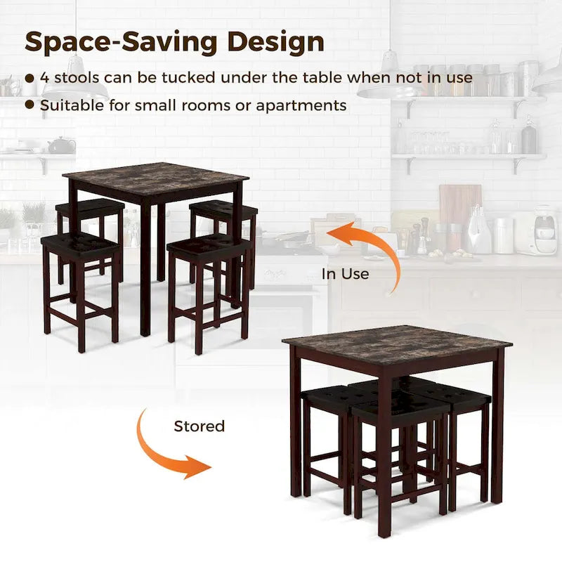 Costway 5 PCS Bar Table Set Square Dining Table & 4 PVC Leather