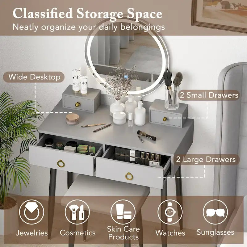 Costway Vanity Makeup Dressing Table Stool Set 3-Color Lighted Mirror - See Details