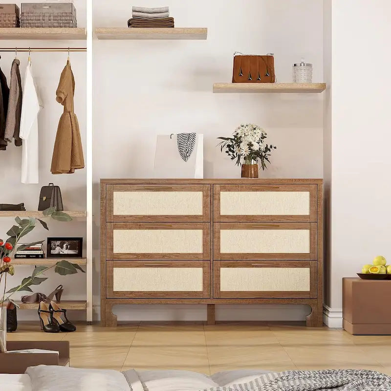 GAOMON 6 Drawers for Bedroom,Farmhouse Burlap Wide Closet Dressers Chest of Drawers