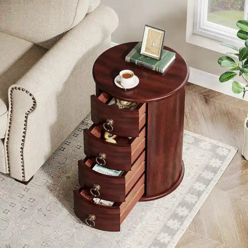 No Assembly Round Solid Wood End Table, Small Side Table with Drawers