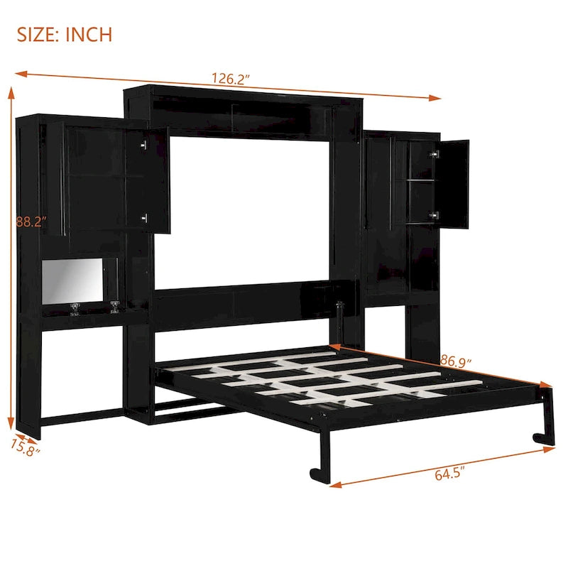 Queen Murphy Bed - Foldable Desk & Vanity, Wall Bed with Storage