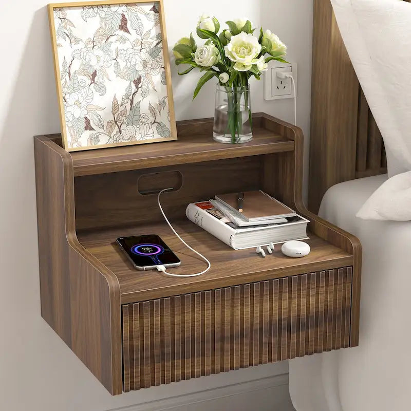Anmytek Set of 2 Modern Floating Bedroom Nightstand with Storage Drawer and Open Shelf