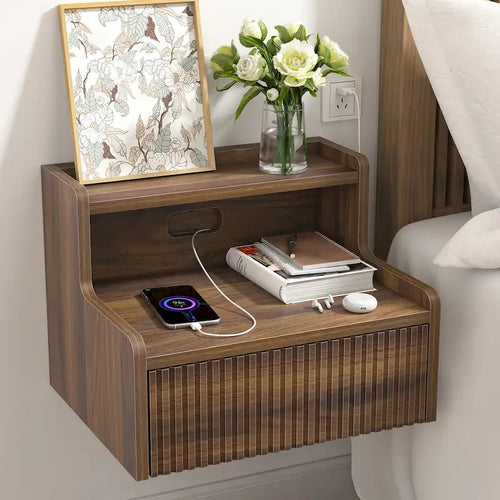 Anmytek Set of 2 Modern Floating Bedroom Nightstand with Storage Drawer and Open Shelf