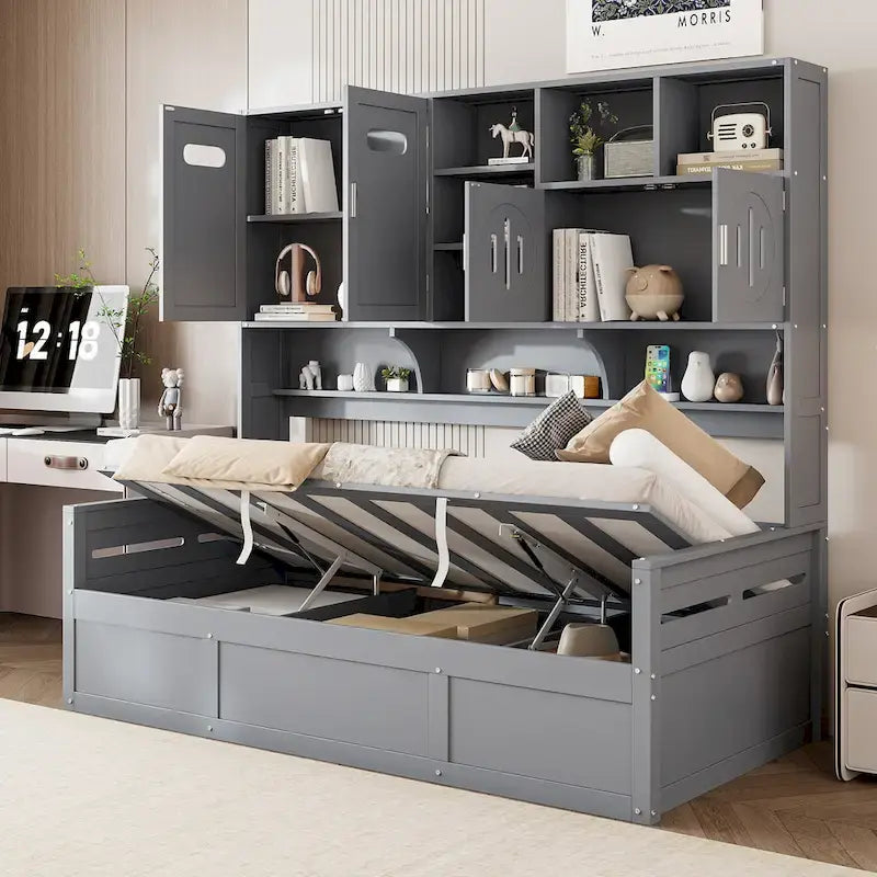 All-in-one Bookcase Captains Daybed with Hydraulic Storage Bed