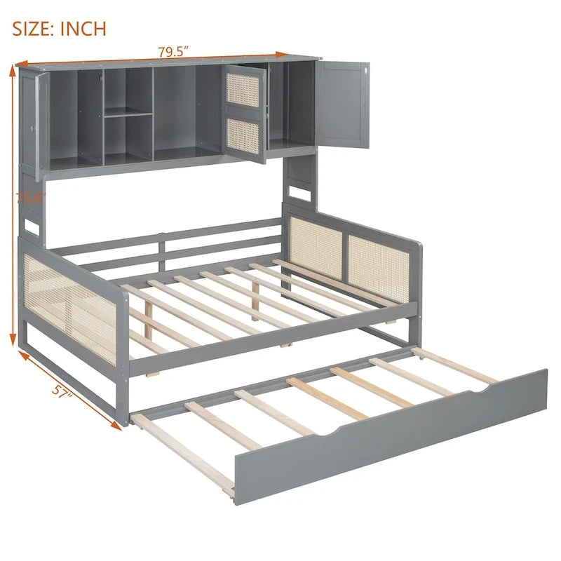 Large Bookcase Daybed Wooden Bed with Trundle and Top Storage Cabinet