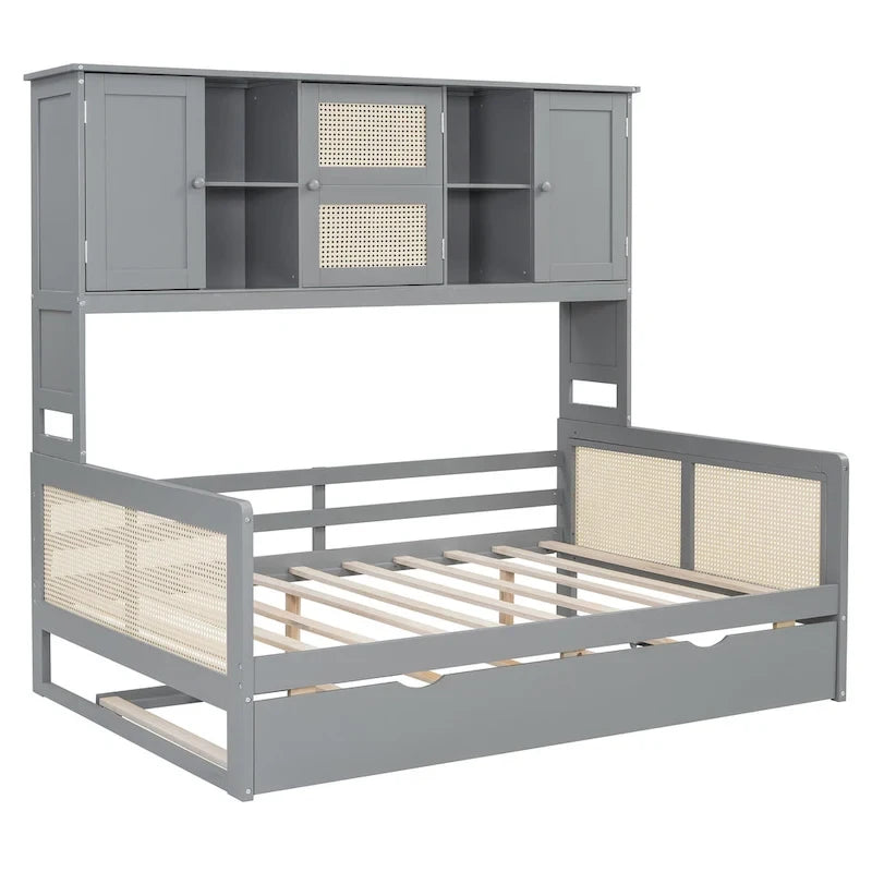 Large Bookcase Daybed Wooden Bed with Trundle and Top Storage Cabinet
