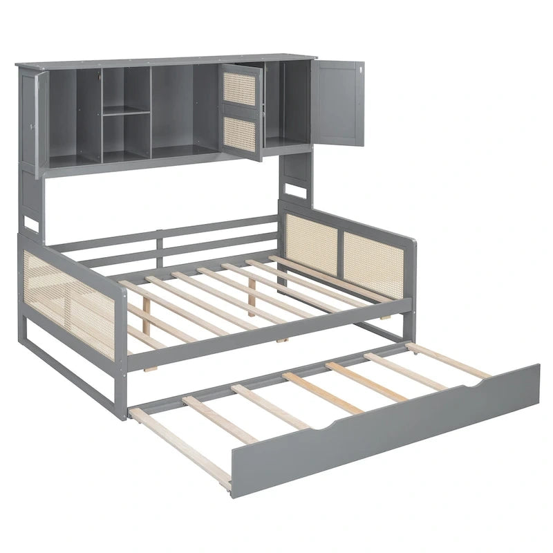 Large Bookcase Daybed Wooden Bed with Trundle and Top Storage Cabinet