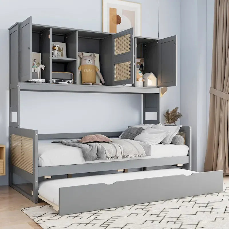 Large Bookcase Daybed Wooden Bed with Trundle and Top Storage Cabinet