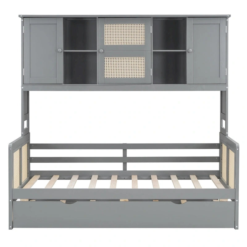 Large Bookcase Daybed Wooden Bed with Trundle and Top Storage Cabinet