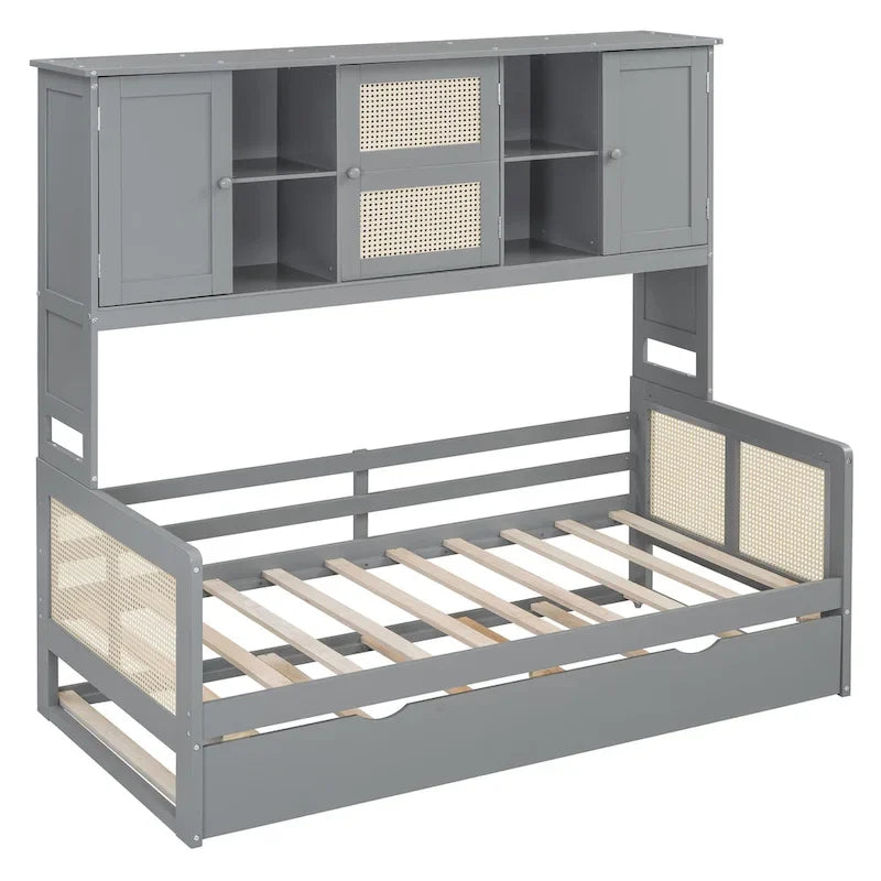 Large Bookcase Daybed Wooden Bed with Trundle and Top Storage Cabinet