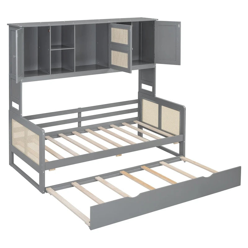 Large Bookcase Daybed Wooden Bed with Trundle and Top Storage Cabinet