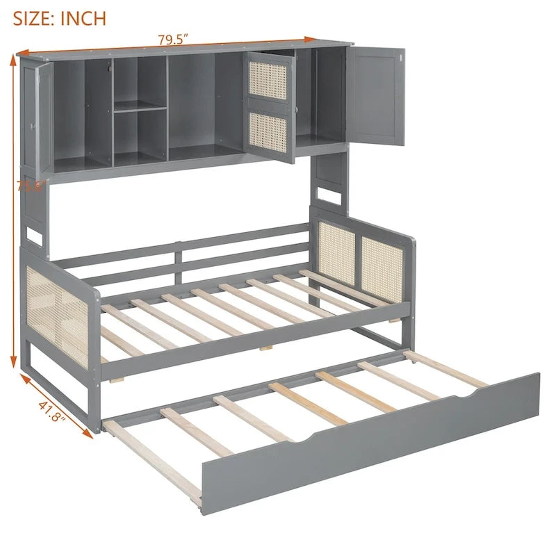 Large Bookcase Daybed Wooden Bed with Trundle and Top Storage Cabinet