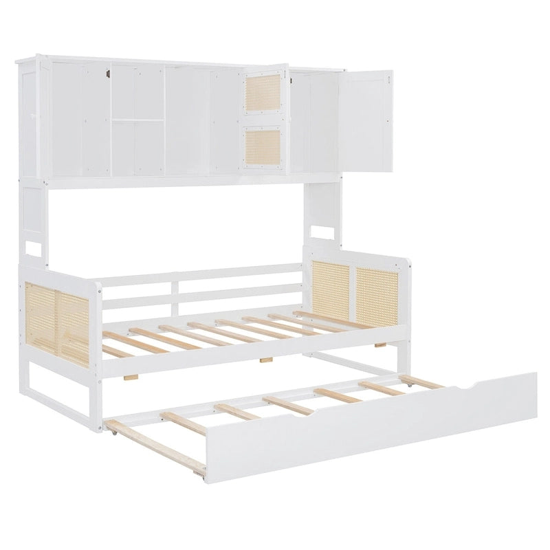 Large Bookcase Daybed Wooden Bed with Trundle and Top Storage Cabinet