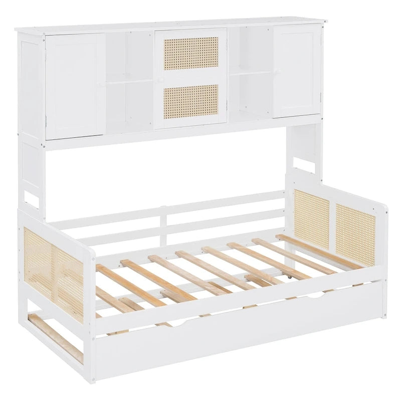 Large Bookcase Daybed Wooden Bed with Trundle and Top Storage Cabinet