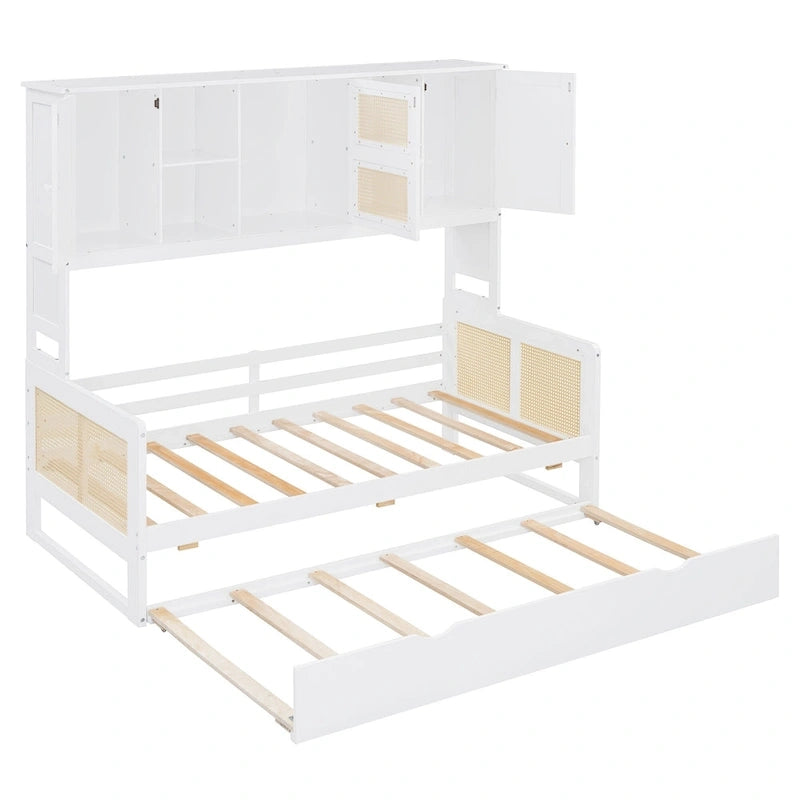 Large Bookcase Daybed Wooden Bed with Trundle and Top Storage Cabinet