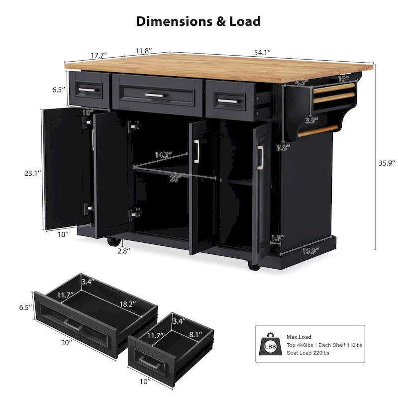 53 Kitchen Island With Drop Leaf, Kitchen Island On Wheels with Storage, Rolling Kitchen Table, Mobile Kitchen Cart