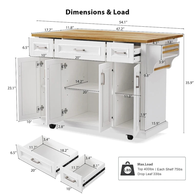 53 Kitchen Island With Drop Leaf, Kitchen Island On Wheels with Storage, Rolling Kitchen Table, Mobile Kitchen Cart