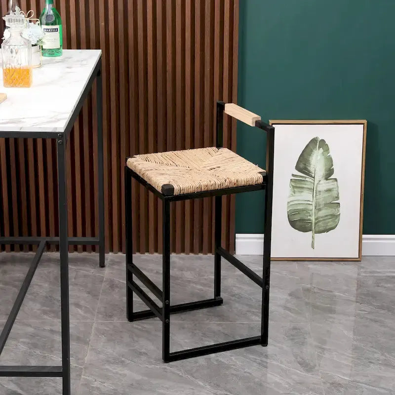 Hand Weave Bar Stools Set of 2, Counter Height Bar Stools with Metal Support Legs, Kitchen Island Stools with Back and Footrest