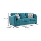 Viena Sofa with 2 Accent Throw Pillows, Teal Blue Faux Velvet 94 Inch