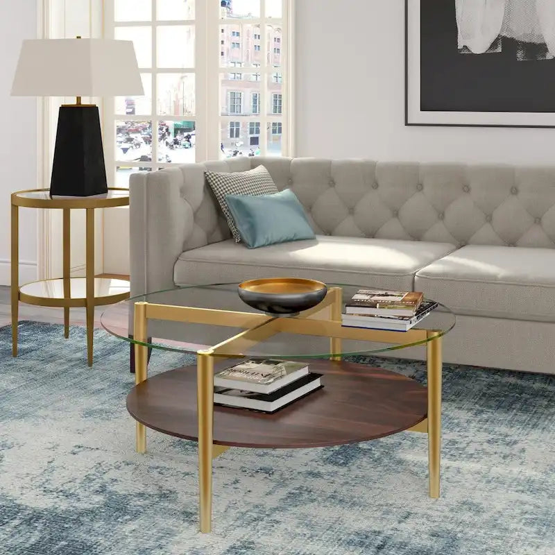36-Inch Round Glass Coffee Table with Gold Steel Base and Shelf for Storage Modern Living Room Accent Piece - 36L x 36W x 17H