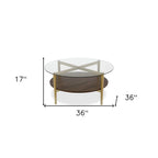 36-Inch Round Glass Coffee Table with Gold Steel Base and Shelf for Storage Modern Living Room Accent Piece - 36L x 36W x 17H
