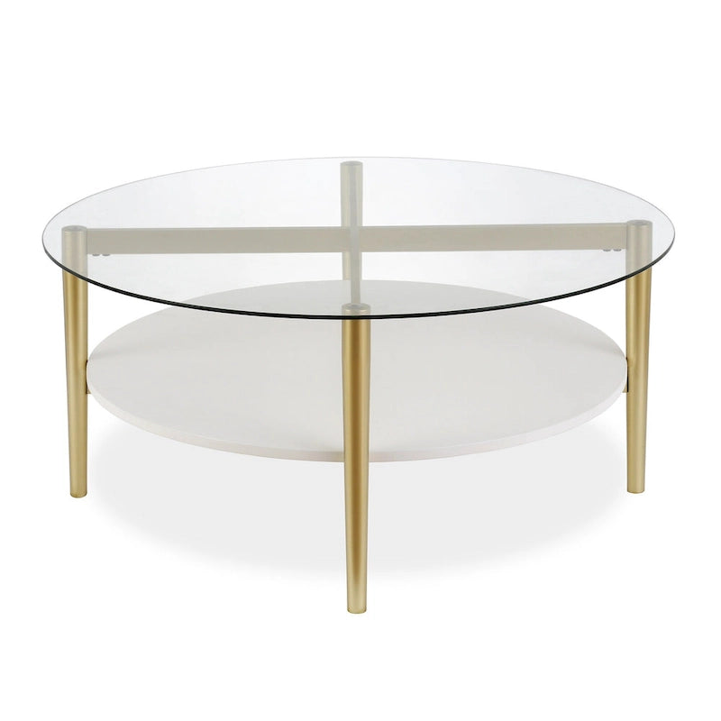 36-Inch Round Glass Coffee Table with Gold Steel Base and Shelf for Storage Modern Living Room Accent Piece - 36L x 36W x 17H