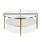 36-Inch Round Glass Coffee Table with Gold Steel Base and Shelf for Storage Modern Living Room Accent Piece - 36L x 36W x 17H