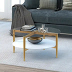 36-Inch Round Glass Coffee Table with Gold Steel Base and Shelf for Storage Modern Living Room Accent Piece - 36L x 36W x 17H