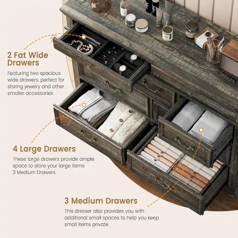 Vintage 9 Drawers Dresser for Bedroom, Living Room