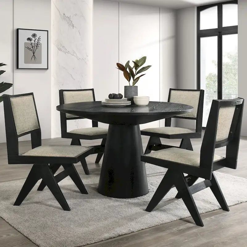 Evrena Modern 5-Piece Black Solid Wood 48-inch Round Dining Set