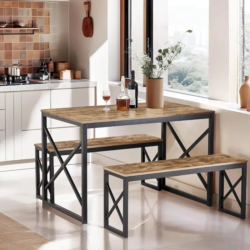 44.3 Dining Table with Benches Kitchen Table set for 4 Rectangular Dining Room Table Set with 2 Metal Wood Benches