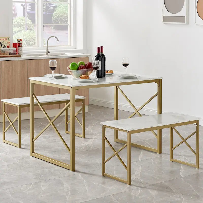 44.3 Dining Table with Benches Kitchen Table set for 4 Rectangular Dining Room Table Set with 2 Metal Wood Benches
