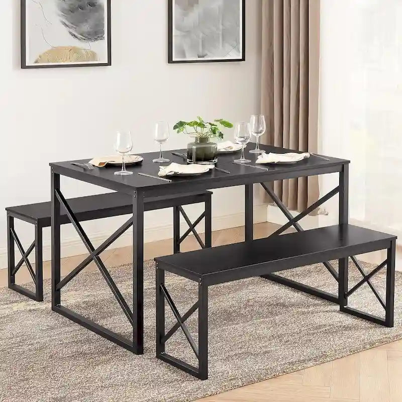 44.3 Dining Table with Benches Kitchen Table set for 4 Rectangular Dining Room Table Set with 2 Metal Wood Benches