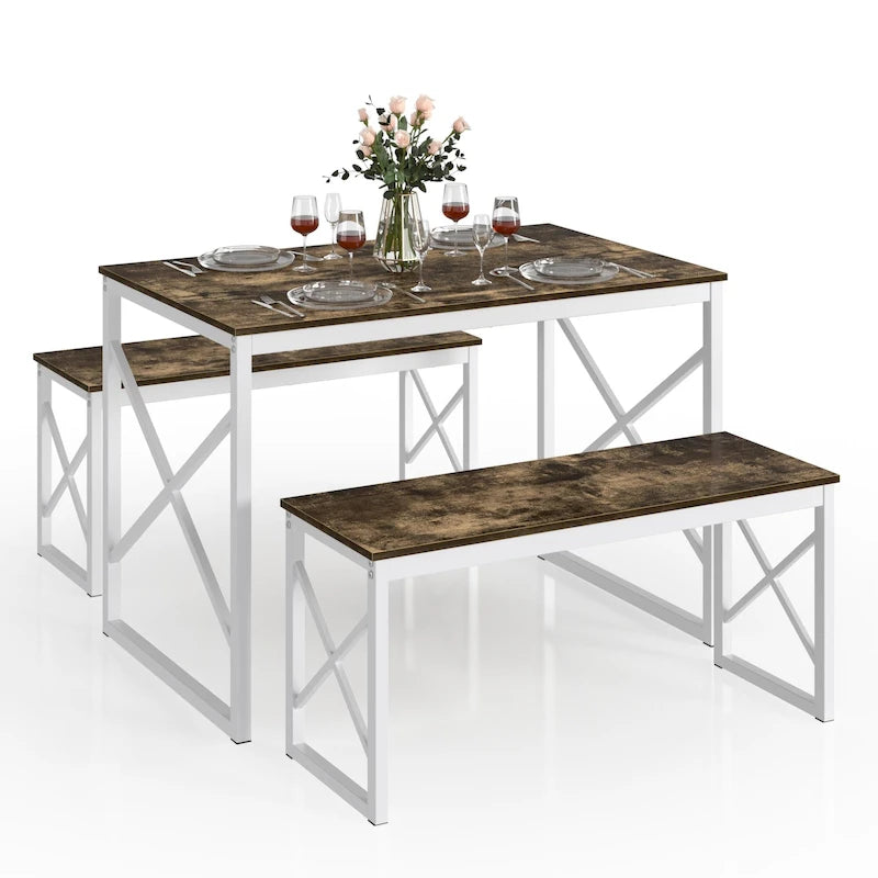 44.3 Dining Table with Benches Kitchen Table set for 4 Rectangular Dining Room Table Set with 2 Metal Wood Benches