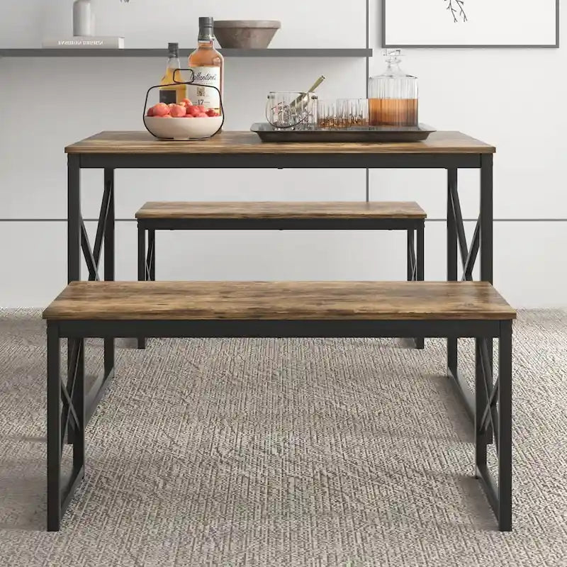 44.3 Dining Table with Benches Kitchen Table set for 4 Rectangular Dining Room Table Set with 2 Metal Wood Benches