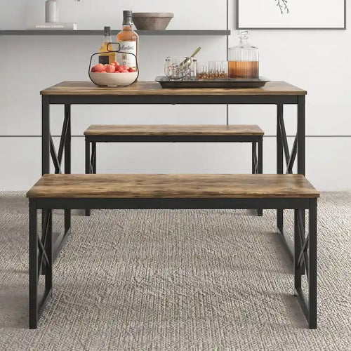 44.3 Dining Table with Benches Kitchen Table set for 4 Rectangular Dining Room Table Set with 2 Metal Wood Benches