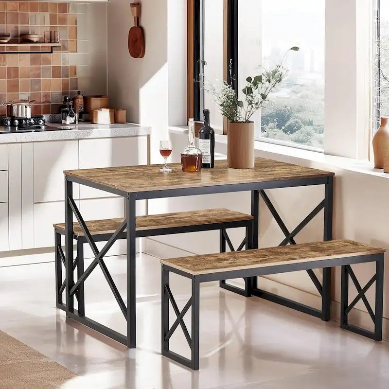 44.3 Dining Table with Benches Kitchen Table set for 4 Rectangular Dining Room Table Set with 2 Metal Wood Benches