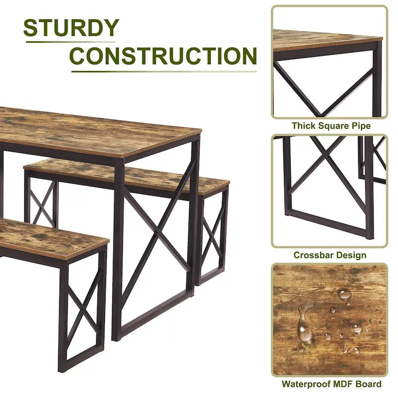 44.3 Dining Table with Benches Kitchen Table set for 4 Rectangular Dining Room Table Set with 2 Metal Wood Benches