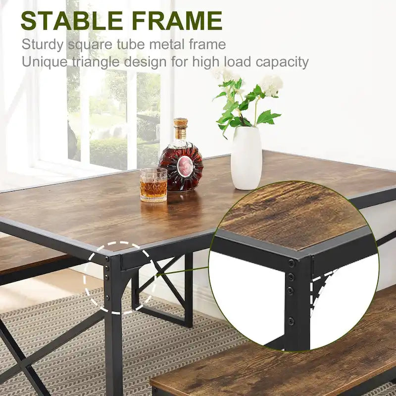 44.3 Dining Table with Benches Kitchen Table set for 4 Rectangular Dining Room Table Set with 2 Metal Wood Benches